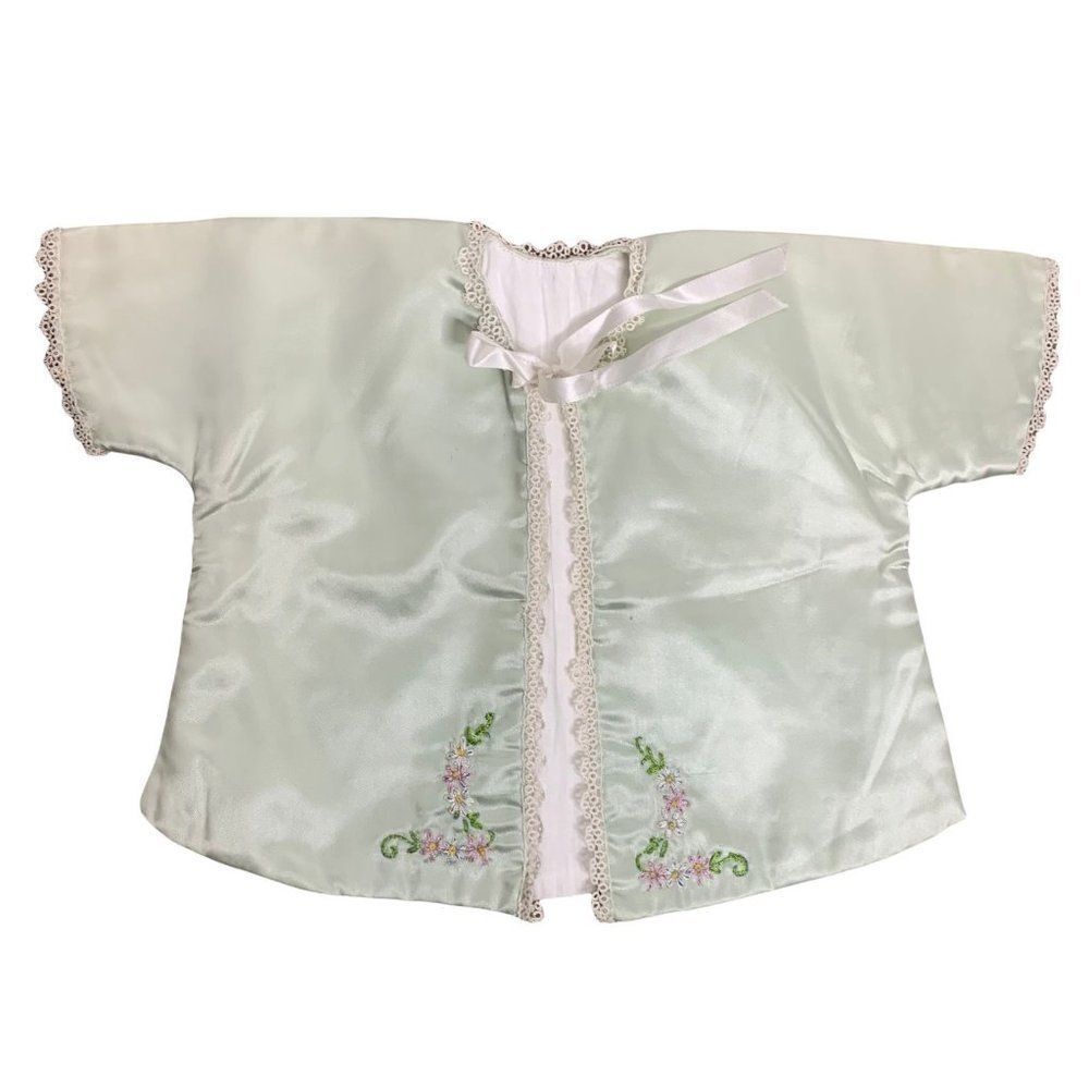 Vintage Handmade Toddler Jacket 3T Green Satin Lace Bow Tie Front Dolman Sleeve